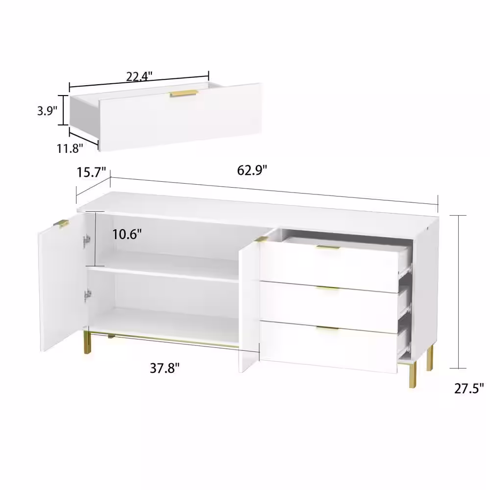 None 62.9 in. W White Paint Sideboard Kitchen Buffet Cupboard with Drawers and Shelves, Metal Legs
