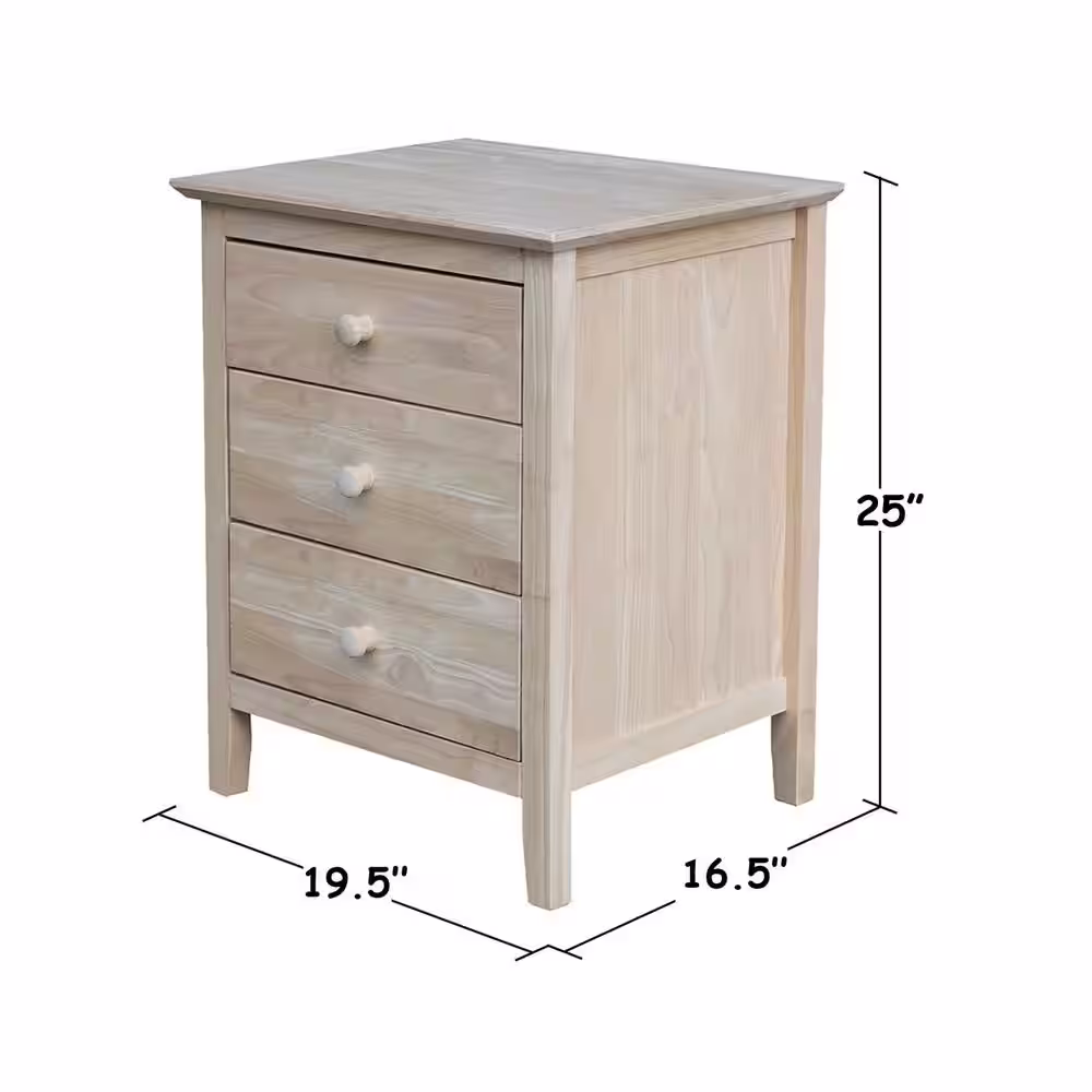 International Concepts Unfinished Solid Wood 3-Drawer Nightstand
