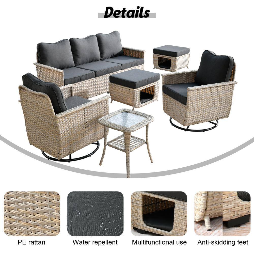 HOOOWOOO Echo Beige 6-Piece Wicker Multi-Function Patio Conversation Sofa Set with Swivel Rocking Chairs and Black Cushions
