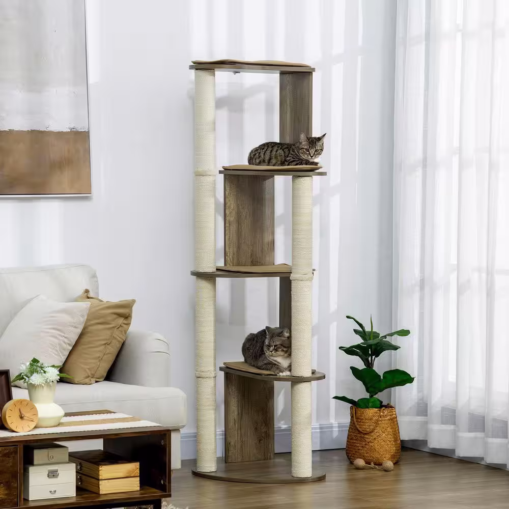 PawHut Multi-Lever Cat Tree, Activity Center Cat Tower with Jute Scratching Posts, Four Mats, Elevated Perches