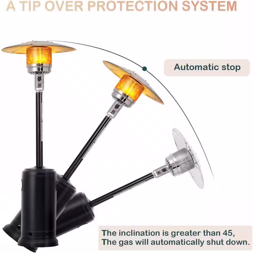 None 48,000 BTU Stainless Steel Black Propane Patio Heater with Wheels