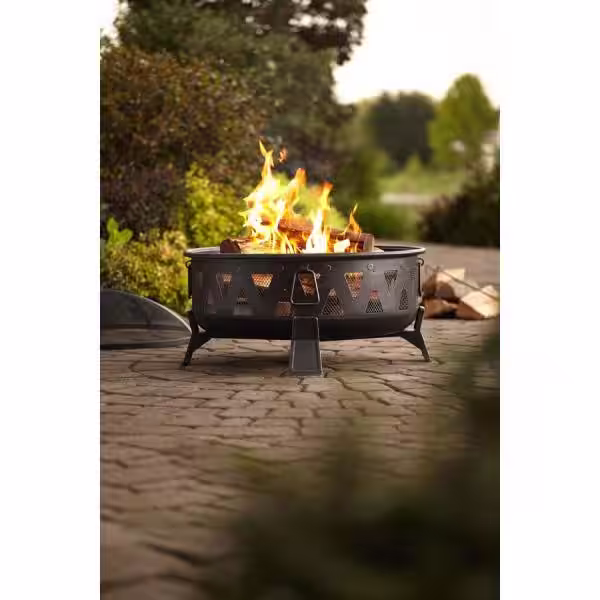 HeatMaxx Outdoor Wood Burning Fire Pit, 29.9 in. Round Deep Bowl Fire Pit with Spark Screen Cover and Poker for Backyard Garden