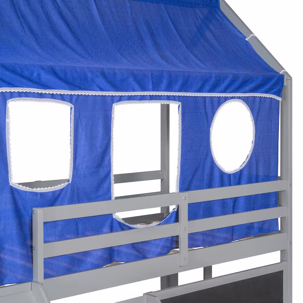 Harper & Bright Designs Gray Twin over Twin Wood House Bunk Bed with Blue Tent, Slide, Shelves, Blackboard, and Ladder