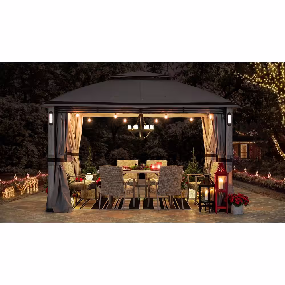 Sunjoy SummerCove Monterey Park 10 ft. x 13 ft. Gray 2-Tier Gazebo with LED Lighting and Bluetooth Sound