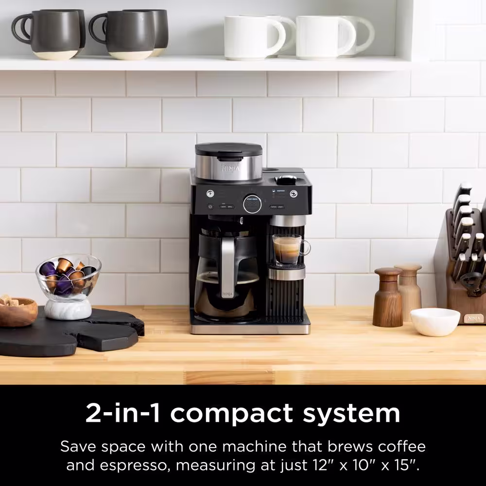 NINJA Espresso & Coffee System, Single-Serve & Nespresso Capsule Compatible, 12- Cup Black Stainless Steel Coffee Maker CFN601