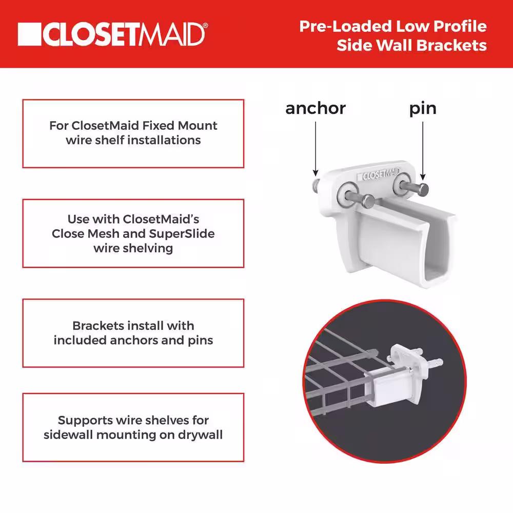 ClosetMaid 2.19 in. x 2.19 in. White Low Profile Wall Brackets (2-Pack)