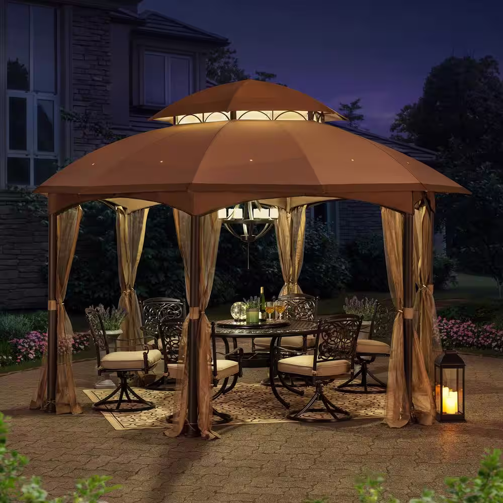 Sunjoy Bourbon 13.5 ft. x 13.5 ft. Brown Steel Gazebo with 2-Tier Tan and Brown Dome Canopy and Mosquito Netting