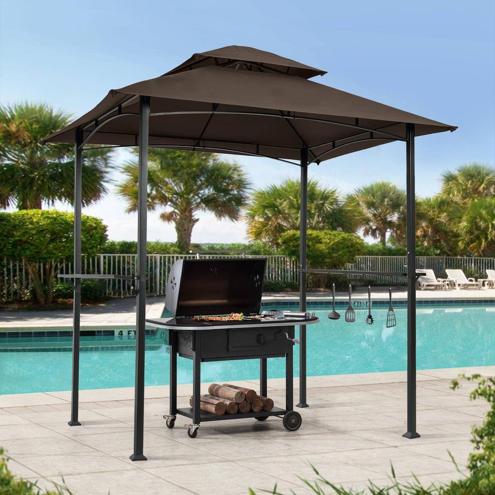 None 8 ft. W x 5 ft. D Brown Outdoor Grill Gazebo Shelter Tent, Double Tier Soft Top Canopy and Steel Frame