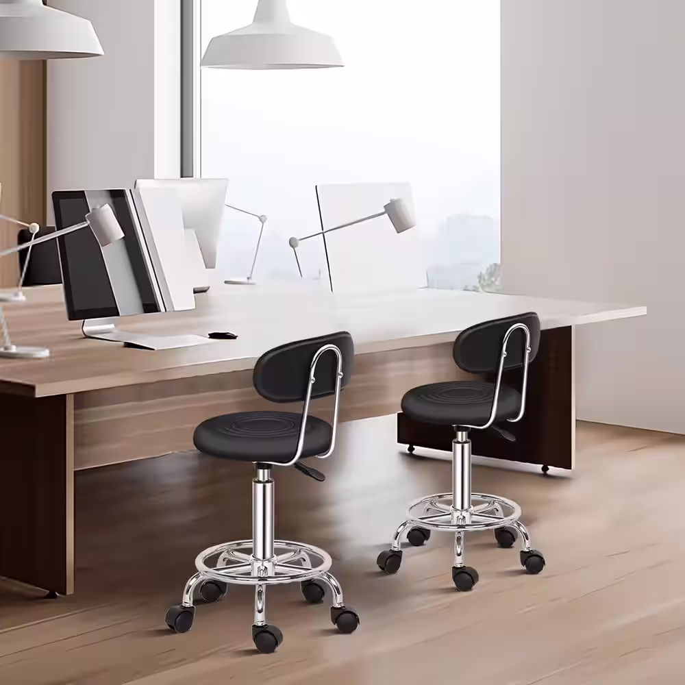 None 34 in. Height Black PU Leather Seat Adjustable Salon Stool with Back Office Rolling Chair