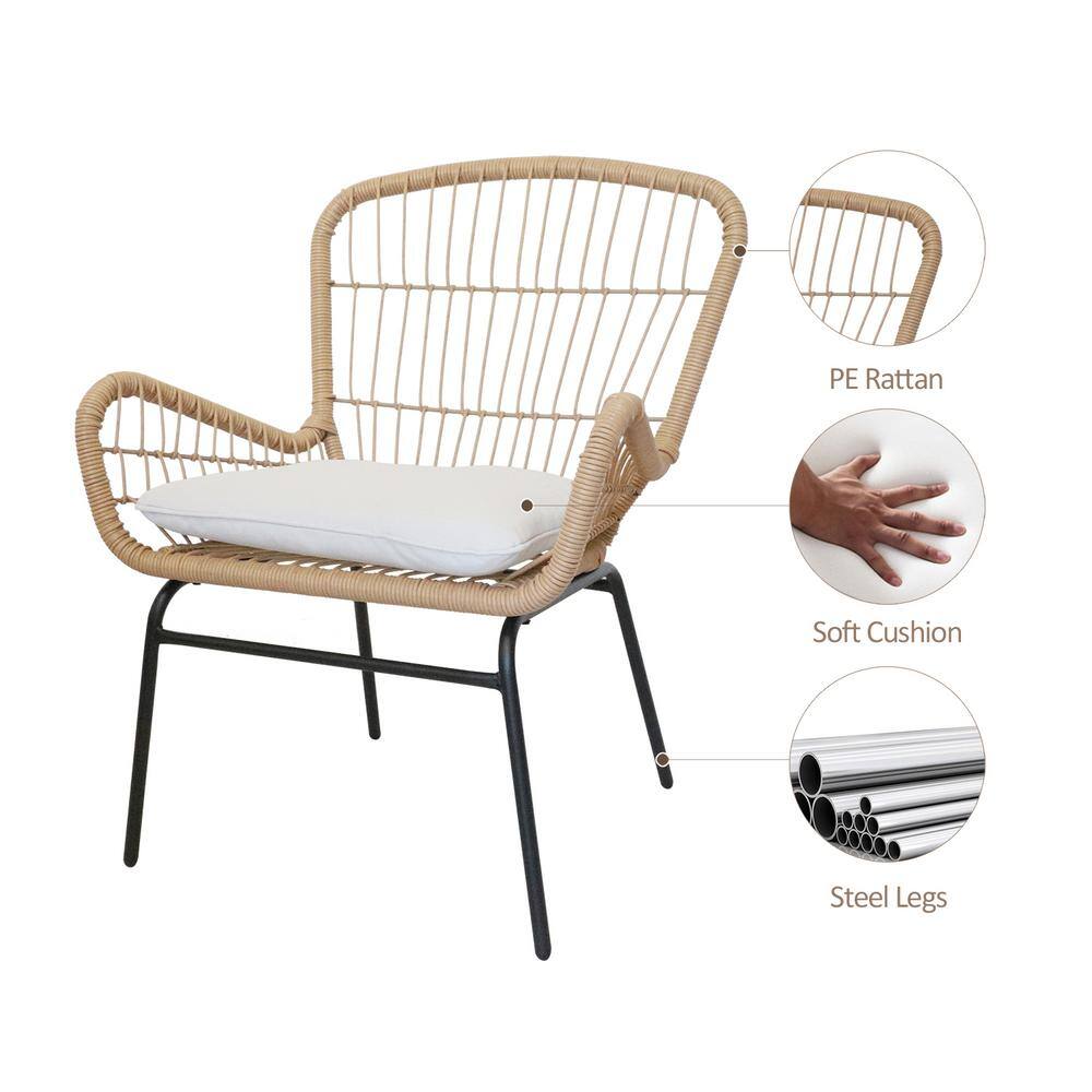 maocao hoom Brown 3-Piece Wicker Outdoor Bistro Set with White Cushions