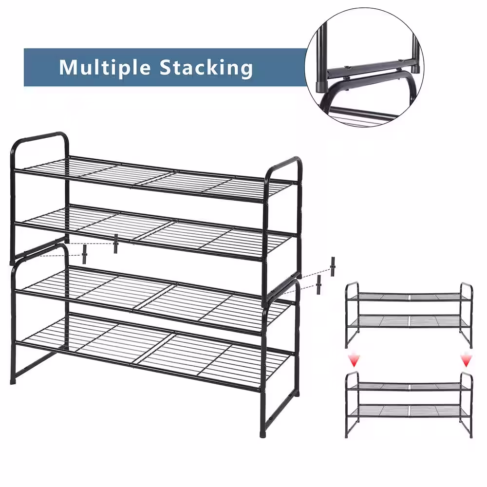 None 16 in. H 10-Pair Black Metal 2-Tiers Shoe Rack