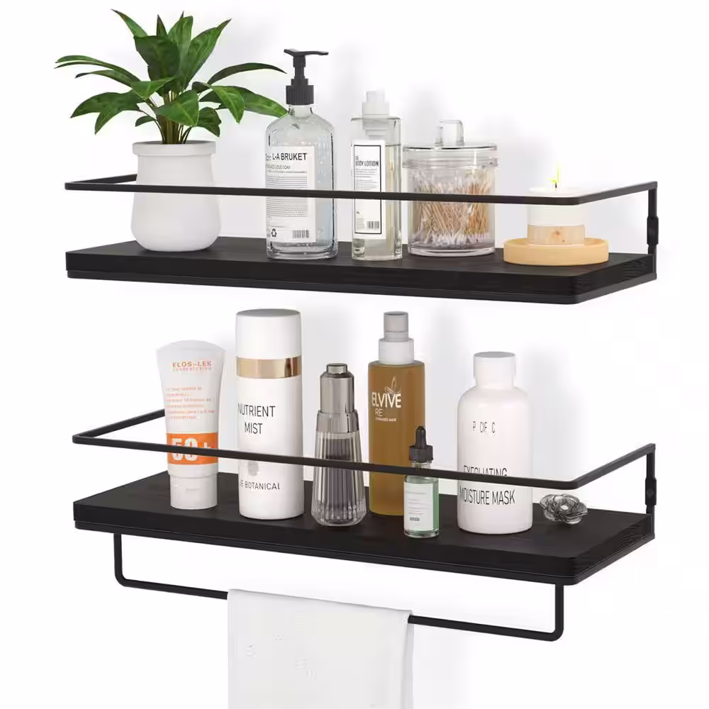 None 5.7 in. x 15.7 in. x 2.3 in. Black Wood Floating Decorative Wall Shelves with Metal Brackets and Towel Rack