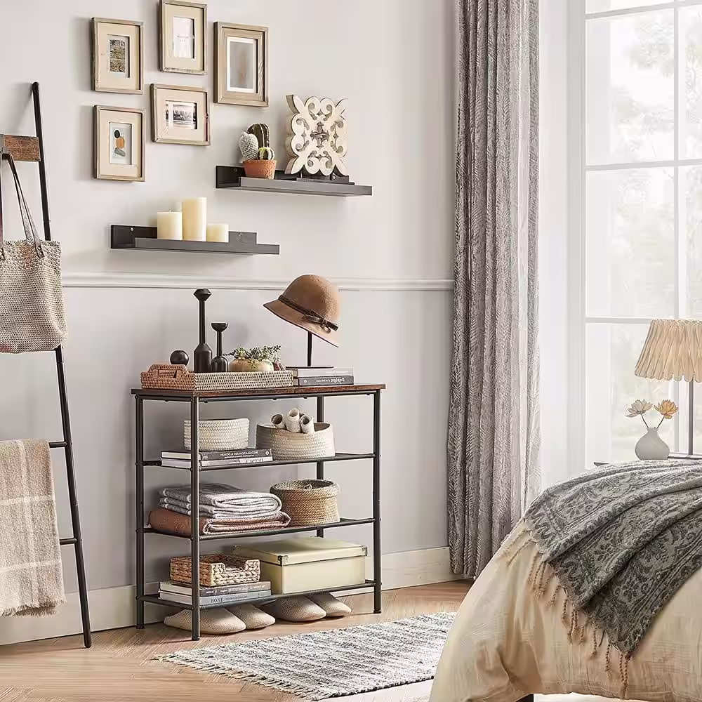 None 28 in. H 12-Pair 4-Tier Black Metal Shoe Rack