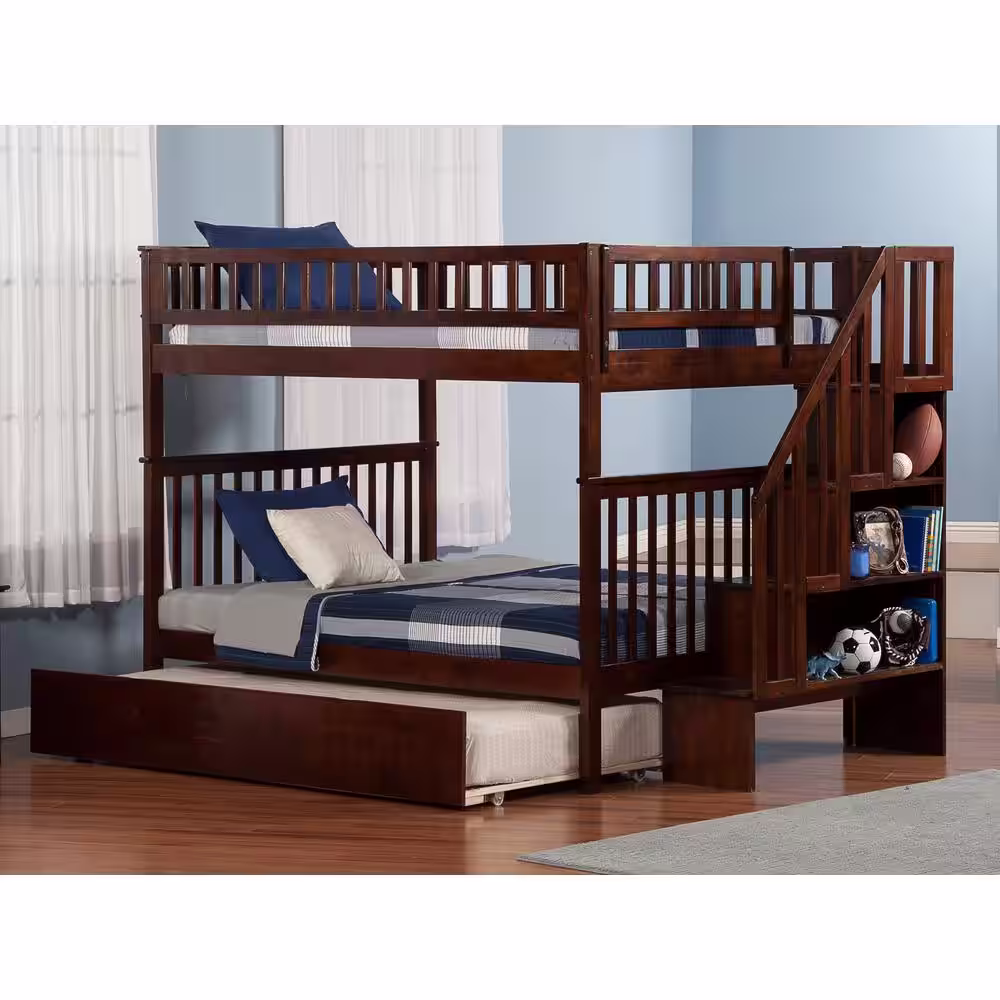 AFI Woodland Walnut Full Over Full Staircase Bunk Bed with Twin Size Urban Trundle Bed