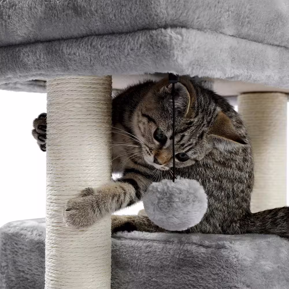 Foobrues 28.40 in. H Pet Cat Scratching Posts and Trees Cat Bed with Condos and Replaceable Dangling Balls in Gray