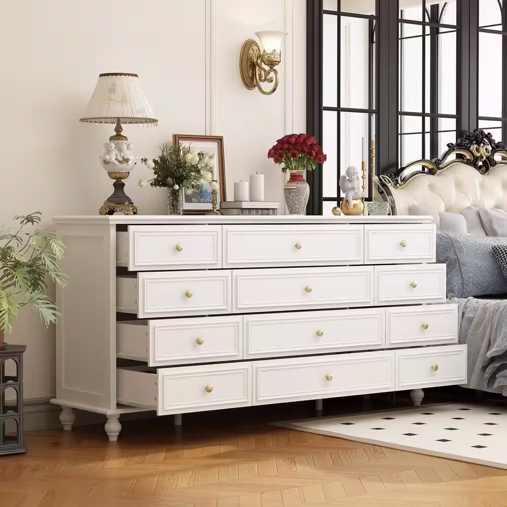 FUFU&GAGA White Wooden 12-Drawer Chest of Drawers 63 in. W x 31.5 in. H x 15.7 in. D Dresser, Modern European Style