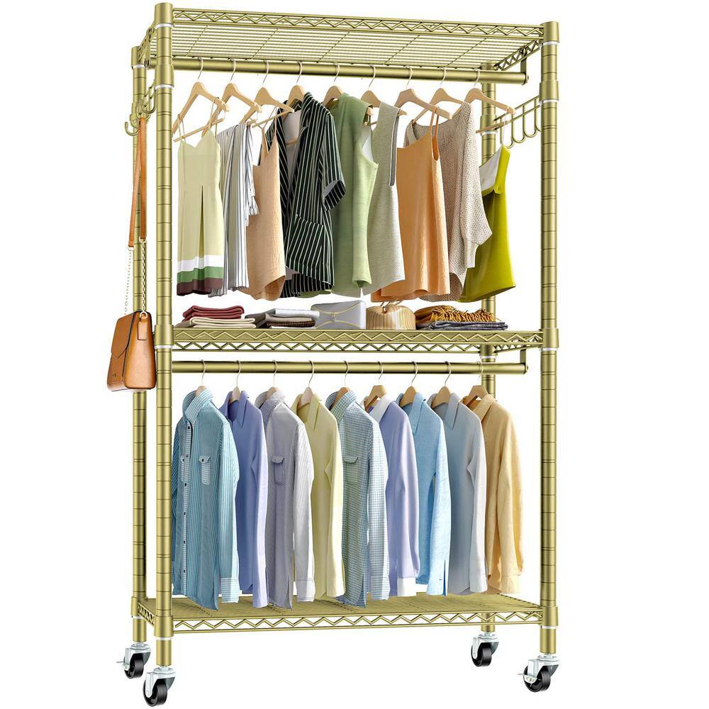 None Gold Metal Garment Clothes Rack with Wheels 45 in. W x 80 in. H
