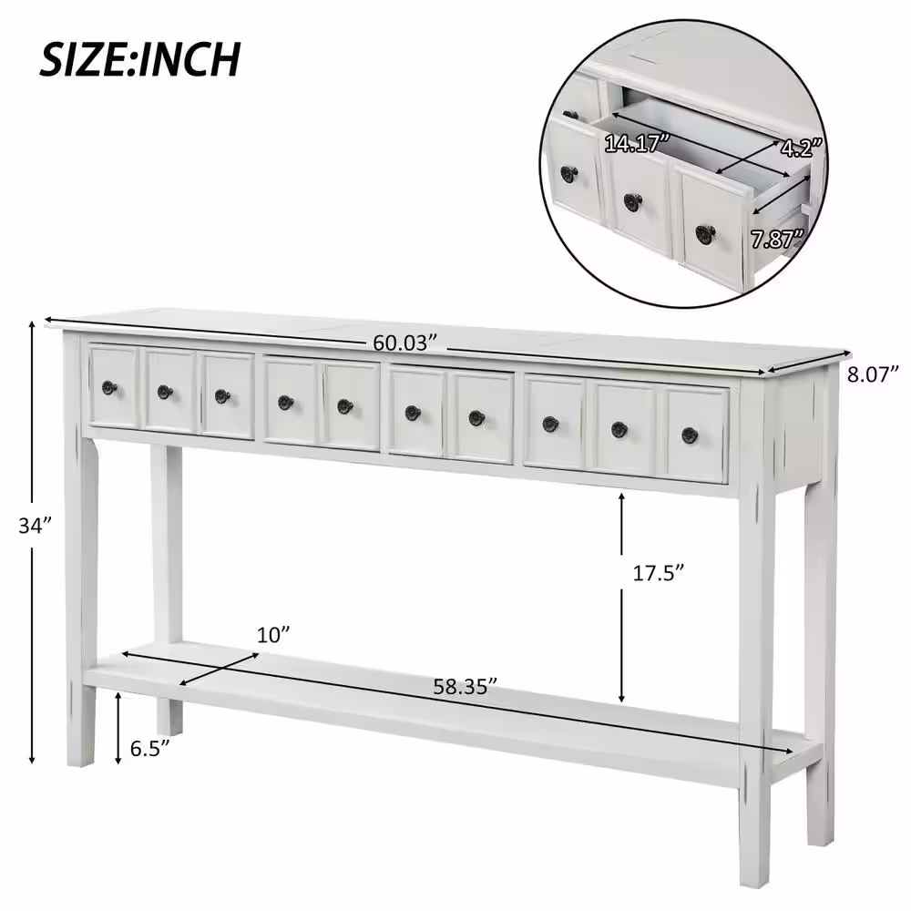 Harper & Bright Designs 60 in. White Standard Rectangle Wood Console Table with Drawers