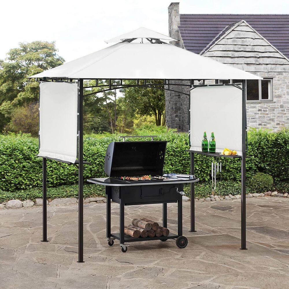 Tunearary 13 ft. x 4.5 ft. Iron Backyard BBQ Grill White Gazebo with Bar Counters Extendable Shades
