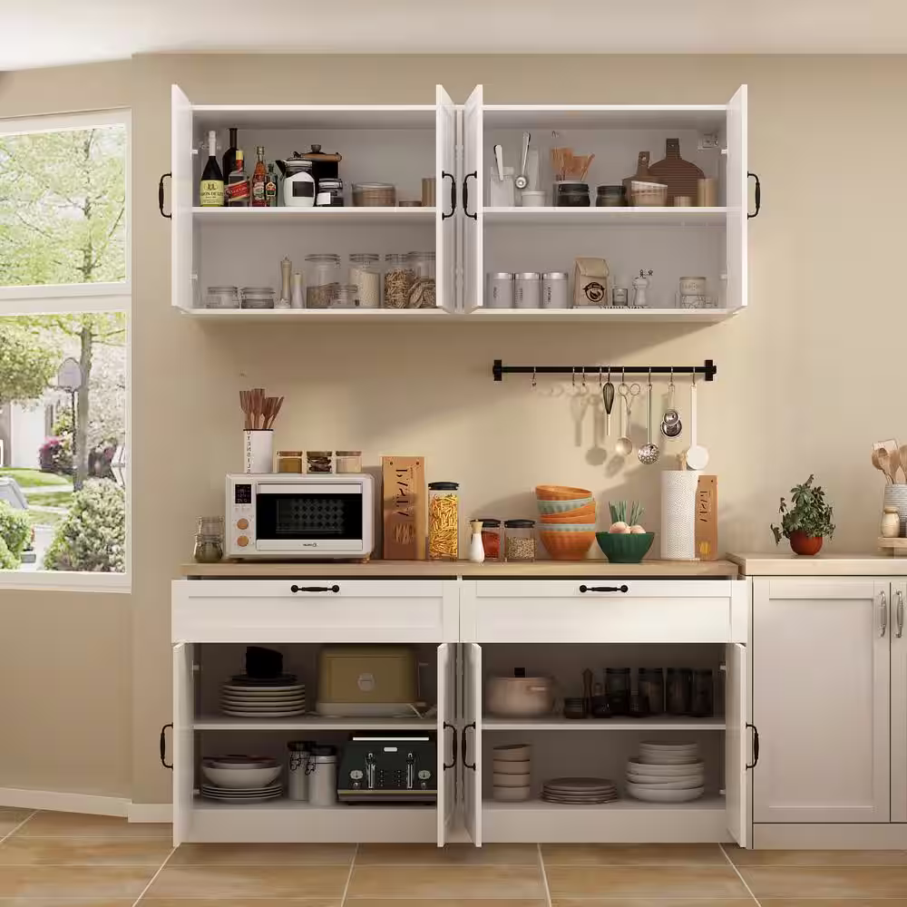 FUFU&GAGA White Wooden 63 in. Width Food Pantry, Sideboard, Pantry Cabinet, with Wall Mounted Kitchen Cabinet(Two Parts)