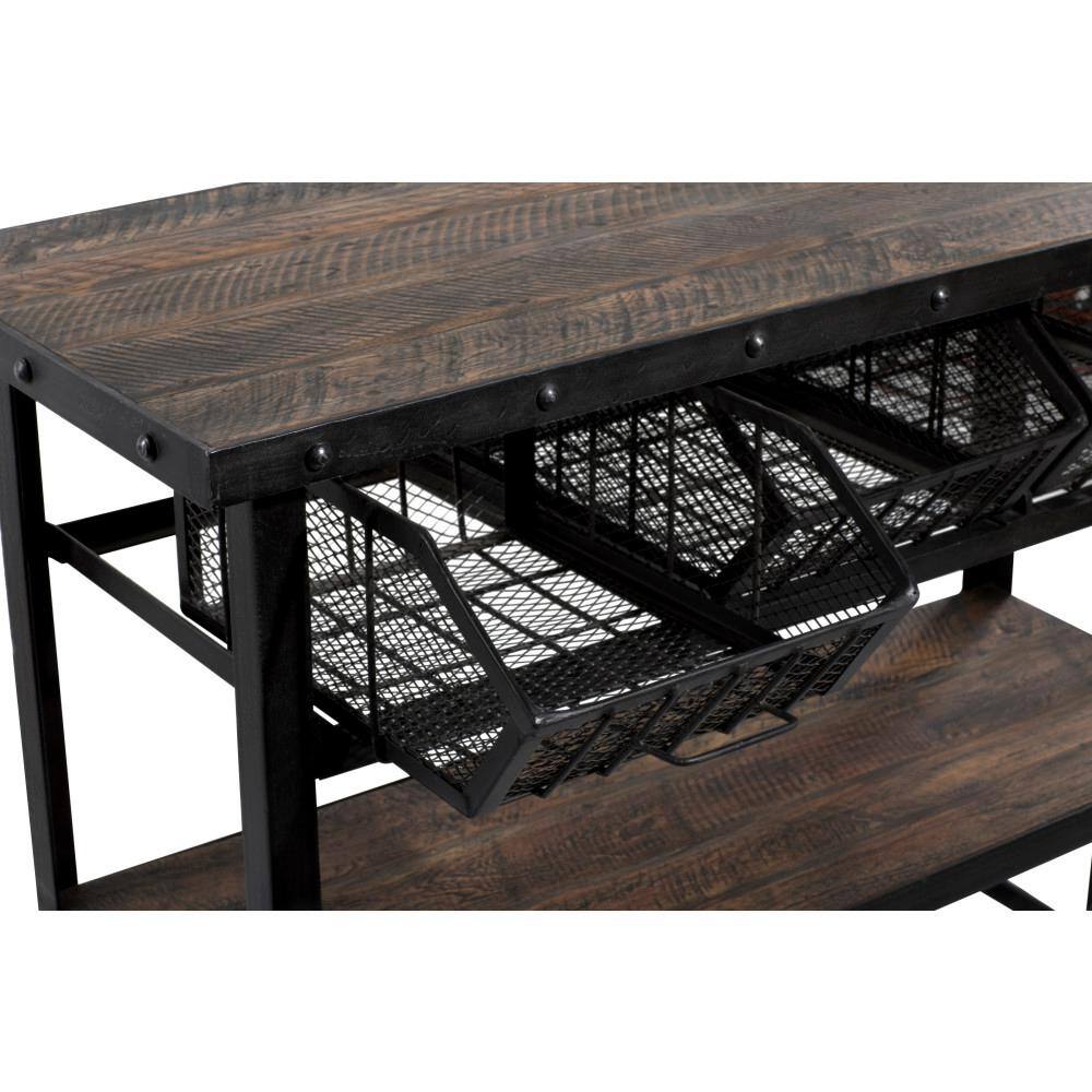 Litton Lane 48 in. Black Extra Large Rectangle Metal Industrial Rolling Cart 3 Basket Drawers Console Table