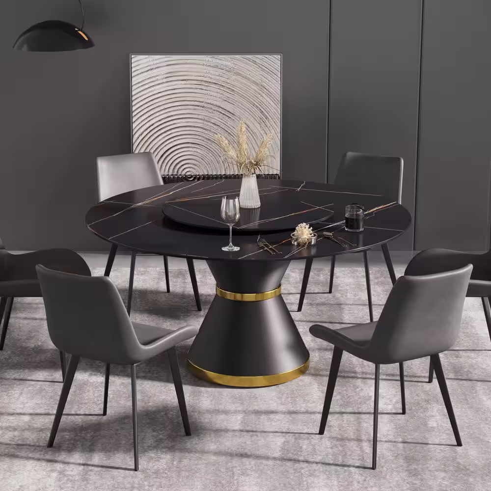 None 59.05 in. Black Modern Round Sintered Stone Tabletop Dining Table with Metal Leather Base (Seats 8)