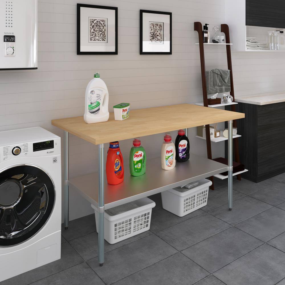 None Maple Wood Top 30  in.. x 60  in.. Kitchen Prep Table with Adjustable Bottom Shelf