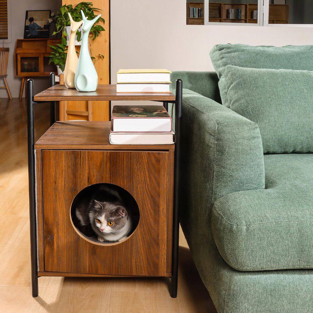 None Metal and Wood Pet Side Table Hidden Cat Room with Storage Shelf for Living Room in Brown