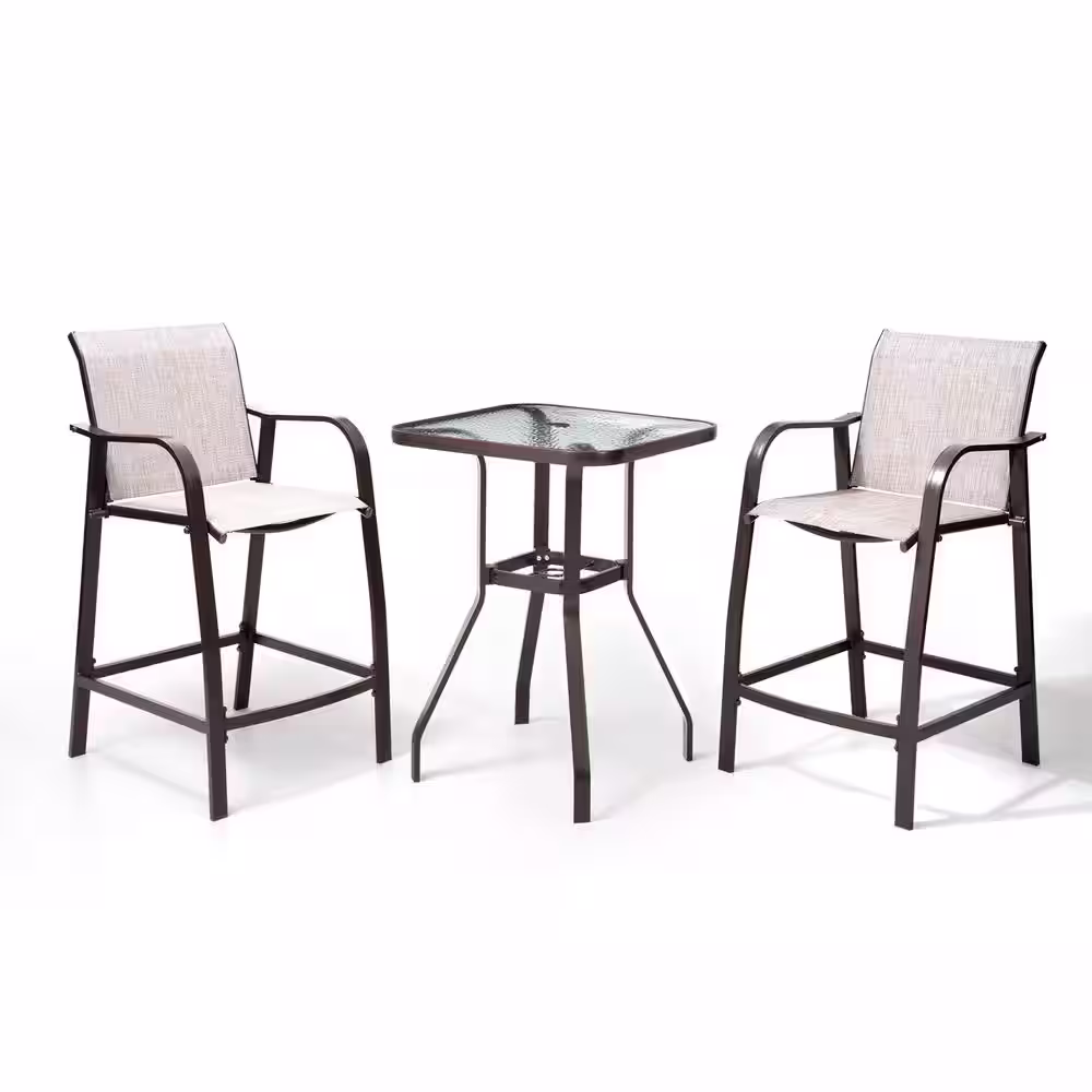 Pellebant 3-Piece Aluminum Outdoor Patio Bar Set in Beige with Tempered Glass Table Top and Umbrella Hole