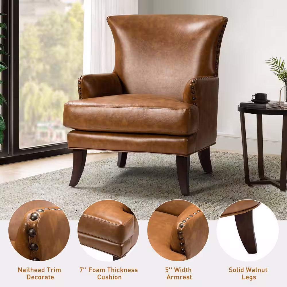 JAYDEN CREATION Bonnot Transitional Camel Faux Leather Wingback Armchair with Nailhead Trim and T-Cushion (Set of 2)
