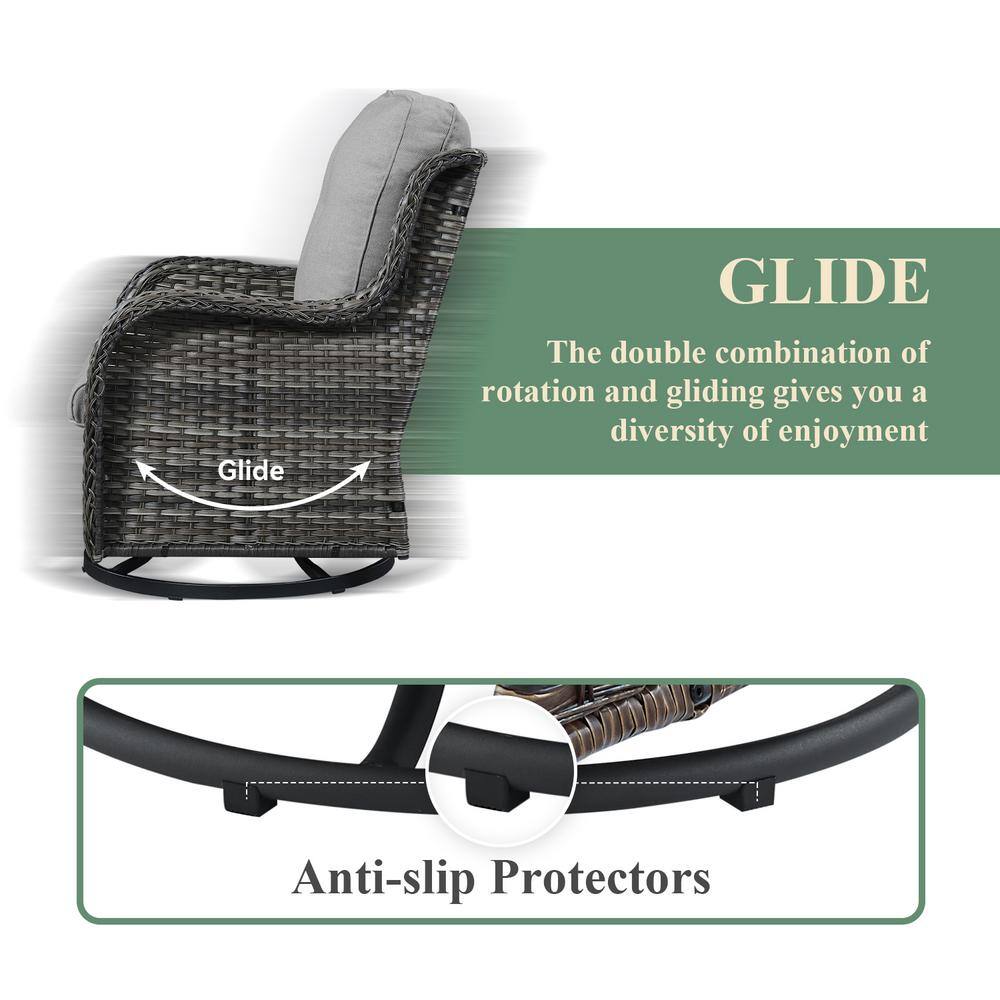 Pocassy Gray 3-Piece Wicker Patio Conversation Deep Seating Set with Gray Cushions All-Weather Swivel Rocking Chairs