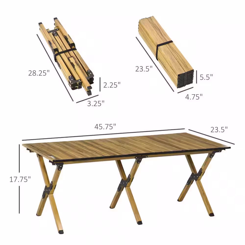 Outsunny 4 ft. Aluminum Camping Table, Folding Roll-Up Picnic Table With Carry Bag, Waterproof and Woodgrain Finish