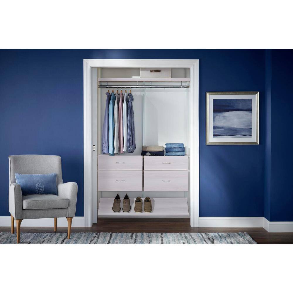 Everbilt Genevieve 4 ft. White Adjustable Closet Organizer Long Hanging Rod with Shoe Rack and 4 Drawers