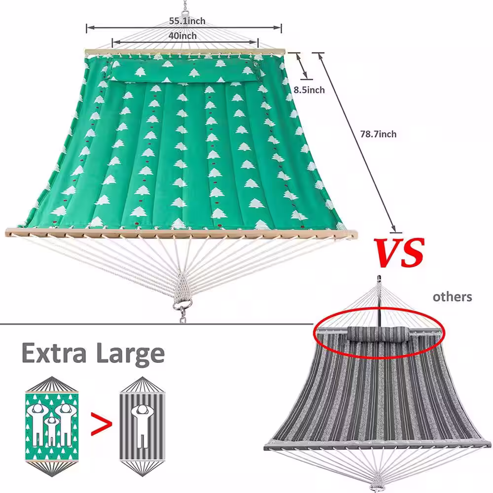 Atesun 12 ft. Free Standing, 475 lbs. Capacity, Heavy-Duty 2-Person Hammock with Stand and Detachable Pillow in Green and white