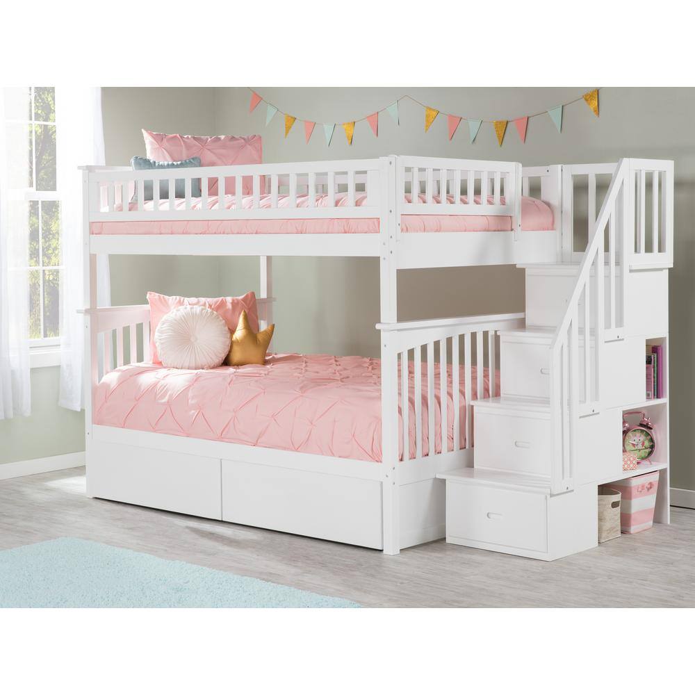 AFI Columbia Staircase White Full Over Full Bunk Bed with 2-Urban Bed Drawers