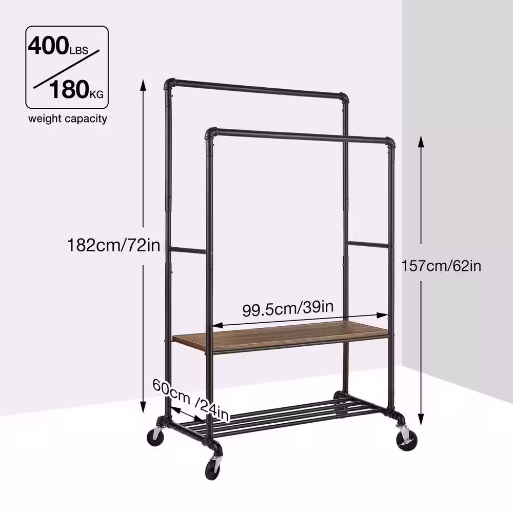 None Black Metal Garment Clothes Rack Double Rods 39 in. W x 72 in. H