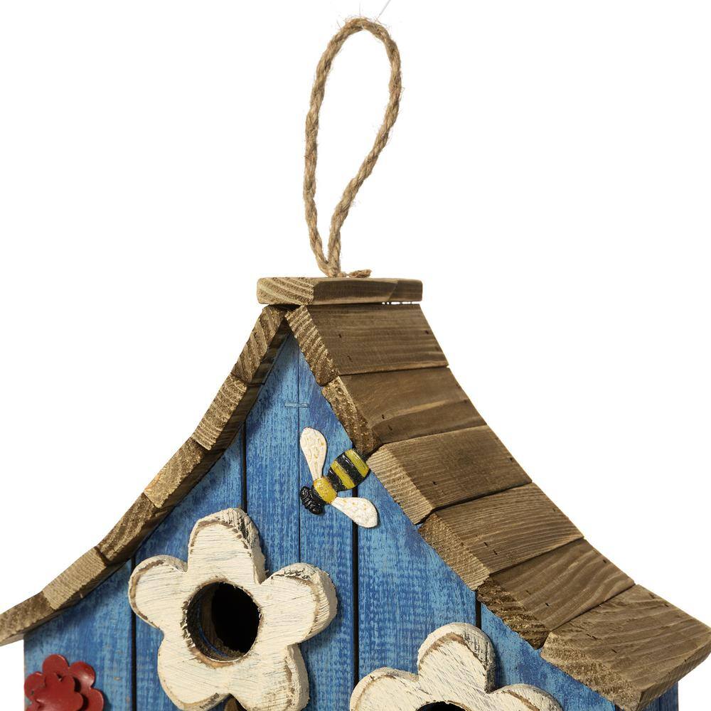 Glitzhome 10.5 in. H Distressed Solid Wood Birdhouse with 3D Flowers