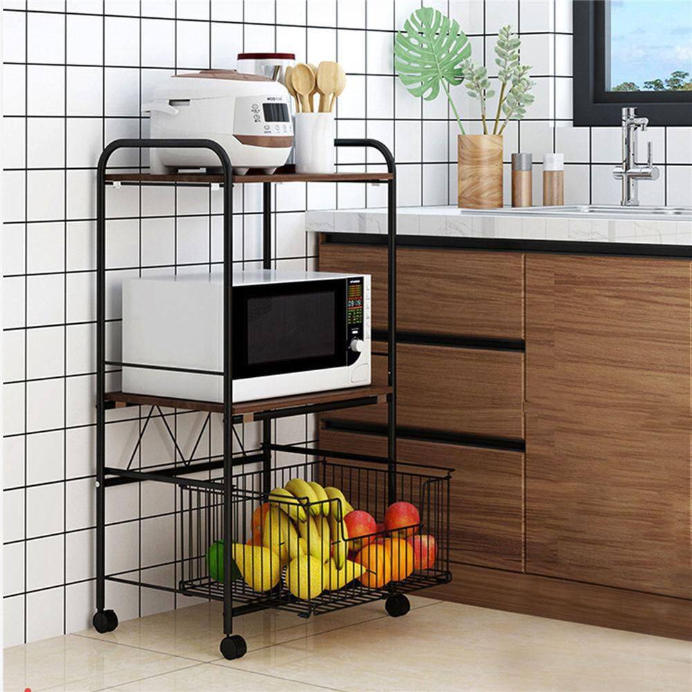 None Black Rolling 3-Tier Metal Wooden Shelving Unit with Basket (19.6 in. W x 43.3 in. H x 14.5 in. D)
