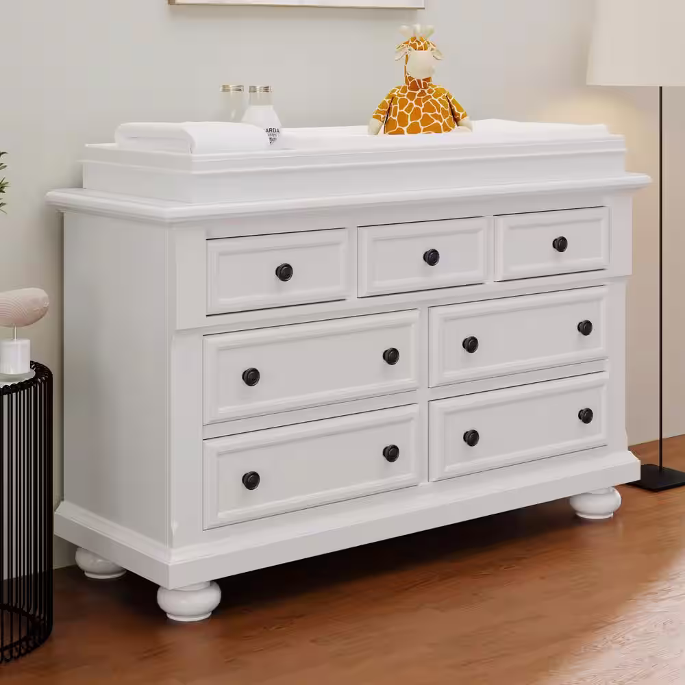 Harper & Bright Designs White Solid Wood 7-Drawer 55.9 in. Wide Multifunctional Dresser with Changing Table