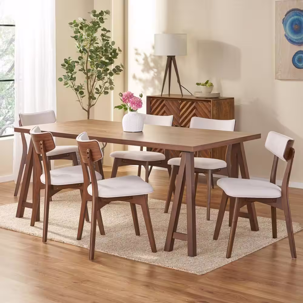 Noble House Chazz 7-Piece Rectangle Wood Top Light Beige and Walnut Standard Height Table Set