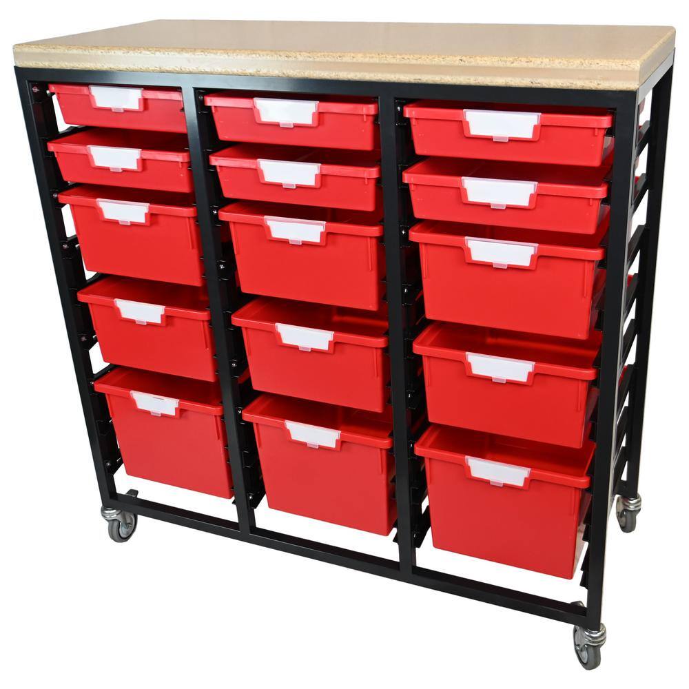 None Mobile Workbench Storage Station With Wood Top -15 StorSystem Trays-Red