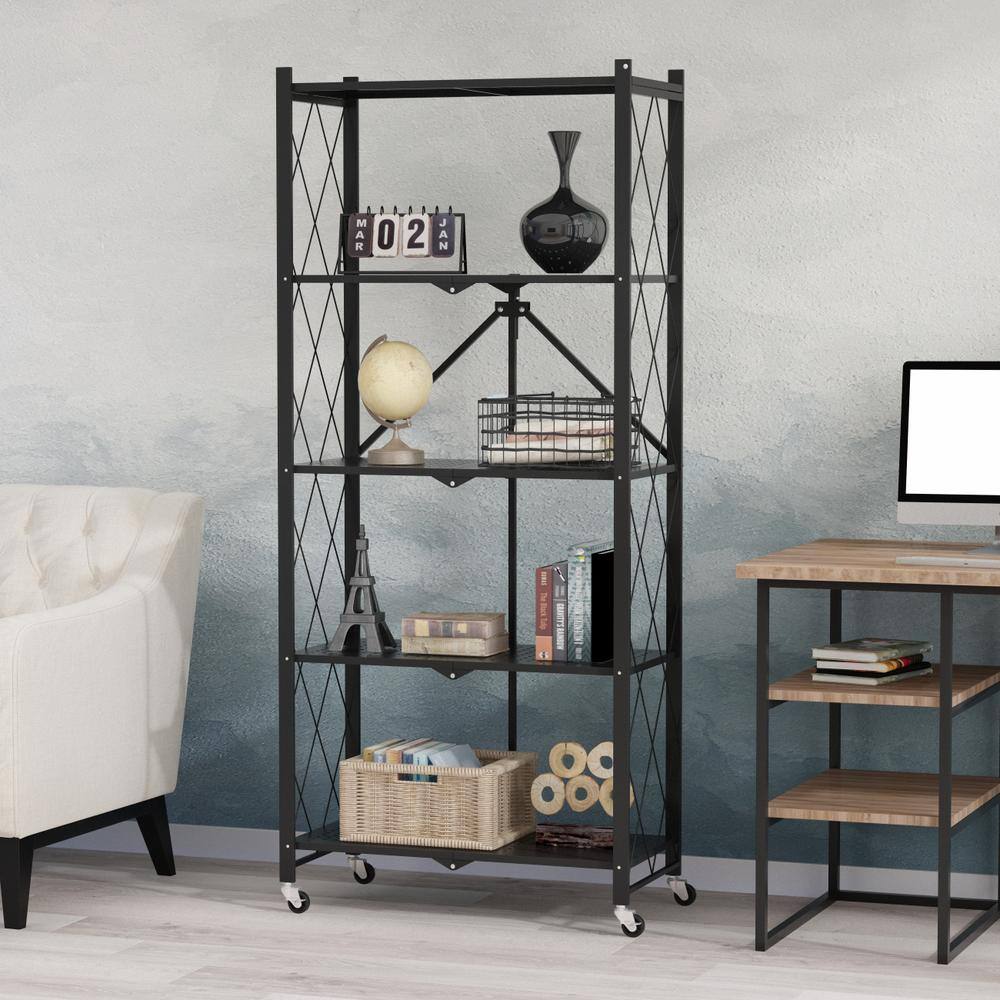 FUFU&GAGA 64.3 in. H Black Metal 10-Shelf Freestanding Standard Bookcase Foldable Metal Shelf Shelving Unit With Wheels