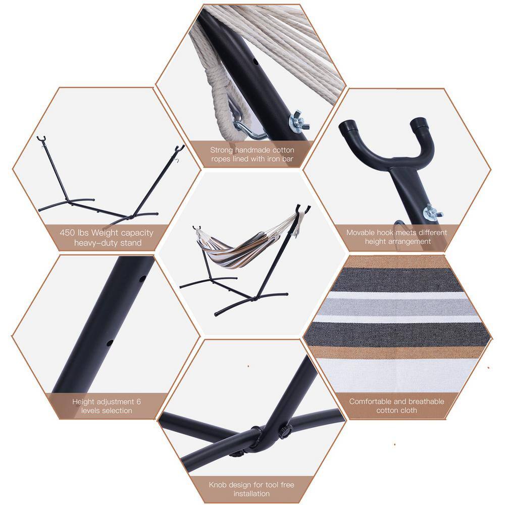 None 9.3 ft. Free Standing Hammock Bed Hammock with Stand in Brown Gray Striped