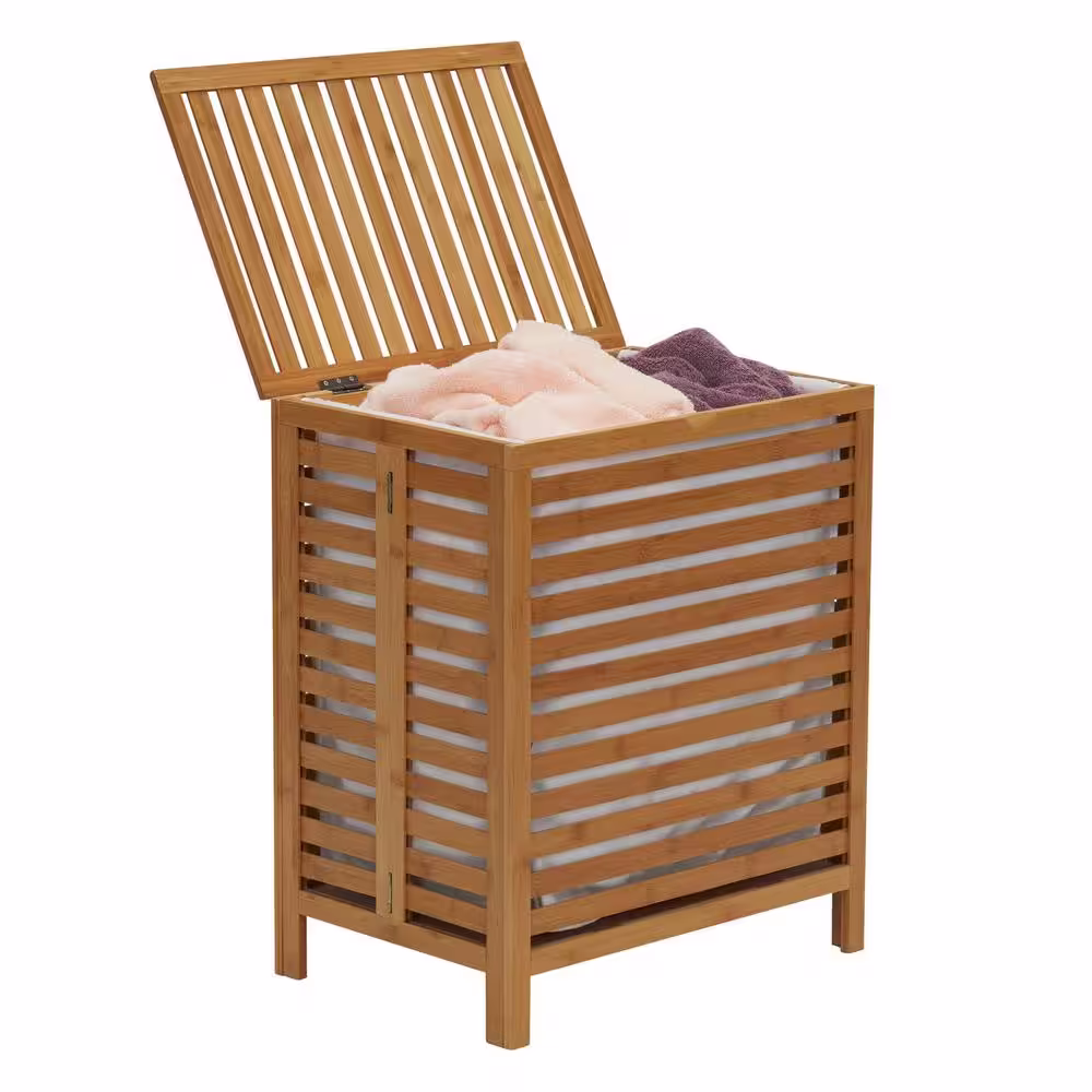 HOUSEHOLD ESSENTIALS Natural Bamboo Laundry Hamper with a Hinged Lid