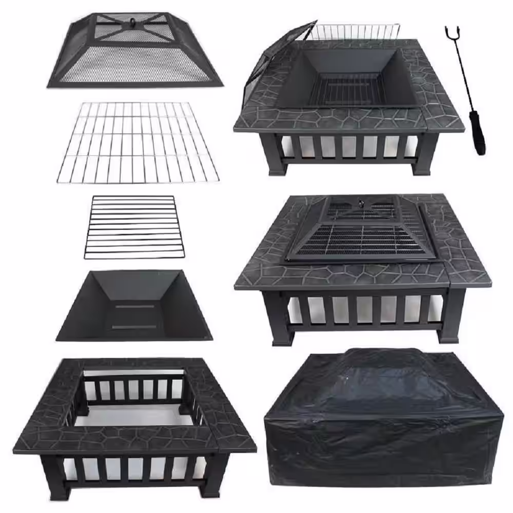 None 32 in. Charcoal Fire Pit with Cover in Antique Finish