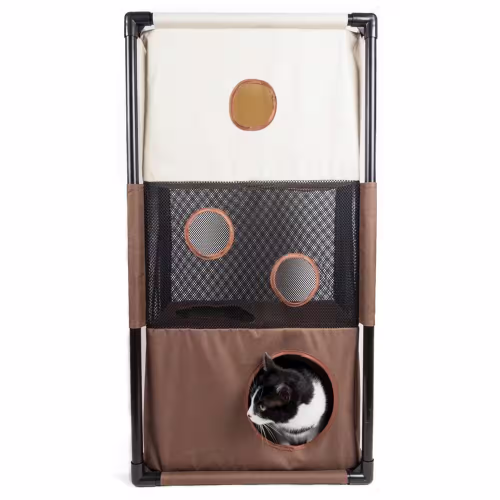 PET LIFE Khaki and Brown Kitty-Square Obstacle Soft Folding Sturdy Play-Active Travel Collapsible Travel Pet Cat House Furniture