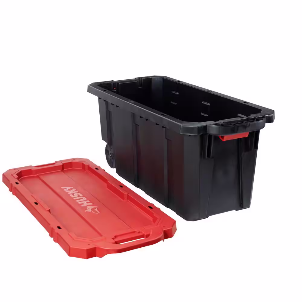 Husky 45 Gal. Latch and Stack Tote with Wheels in Black with Red Lid