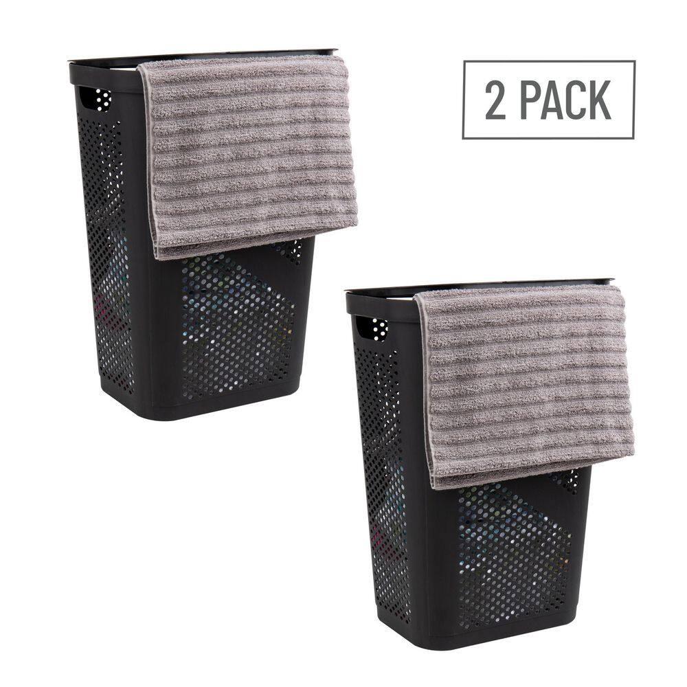 Mind Reader Basket Collection Laundry Hamper, 60 Liter (15kg/33lbs) Capacity, Cut Out Handles, Attached Hinged Lid, Set of 2, Black