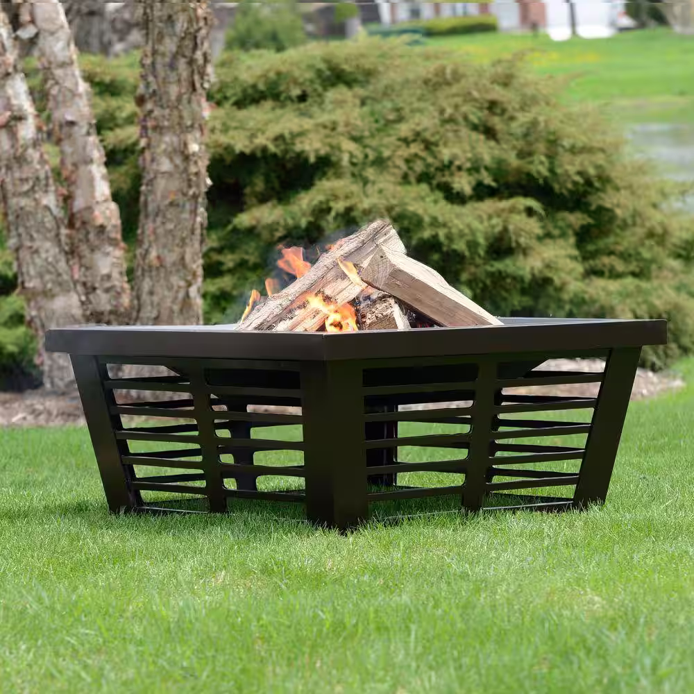 Pleasant Hearth Hudson 34 in. x 23 in. Square Steel Wood Fire Pit in Wenge with Cover