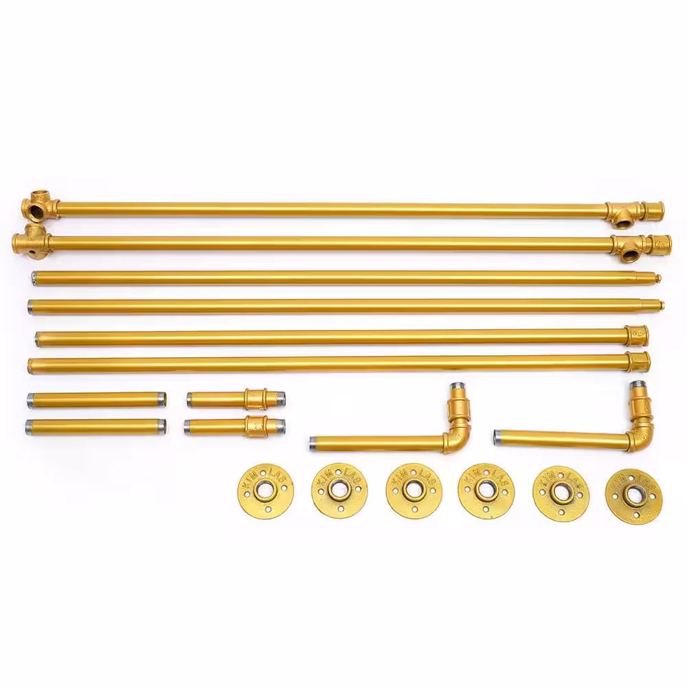 None Gold Wall-Mounted Modern Industrial Iron Pipe Hanging Rods Clothes Rack with 2 Tier Wood Shelf 92.13 in. H x 17.7 in. W